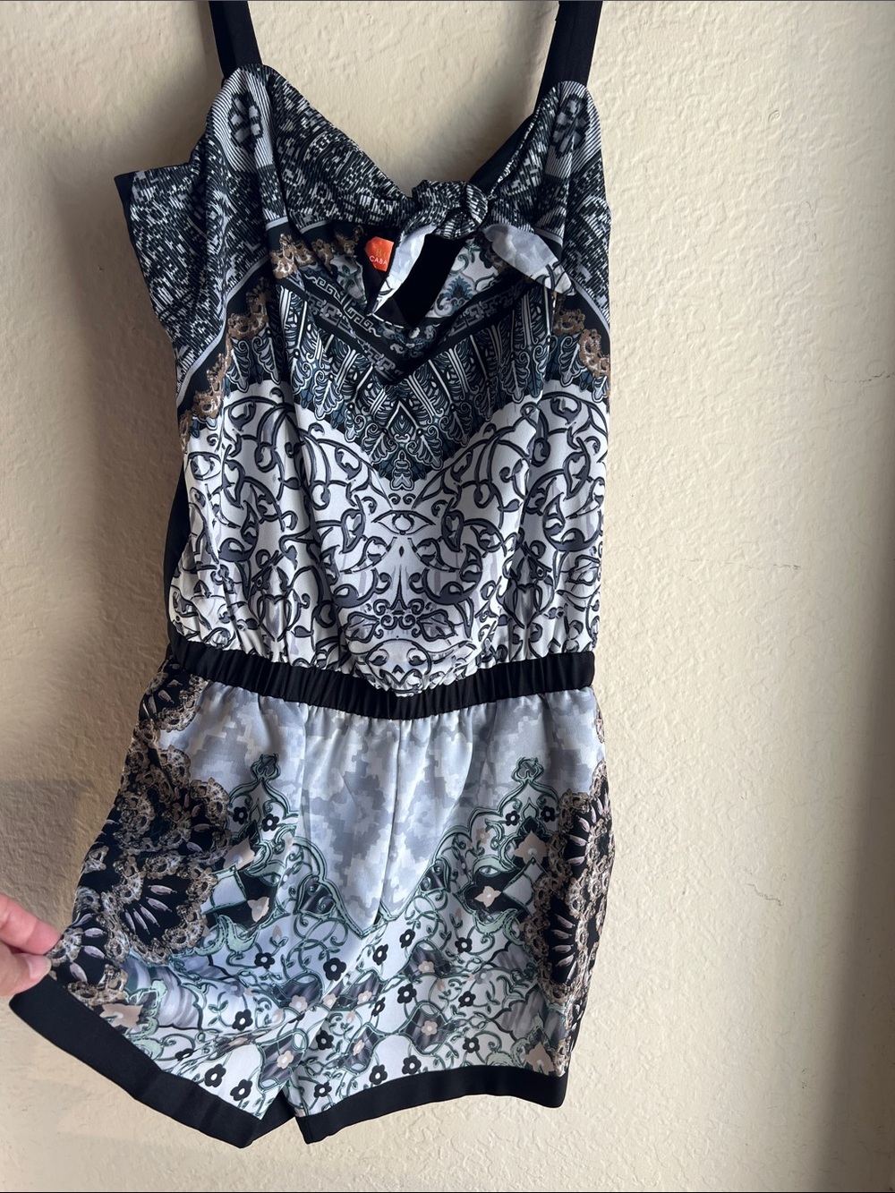 Hale Bob Black and White Printed Sleeveless Romper with Subtle Green Accents